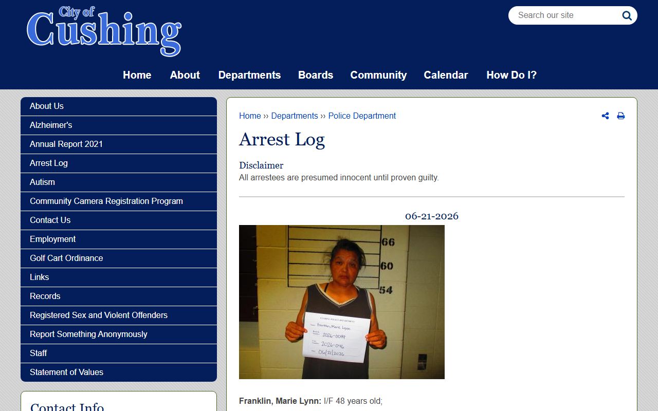 Cushing Police Department Arrest Log with Payne County arrest records and photos
