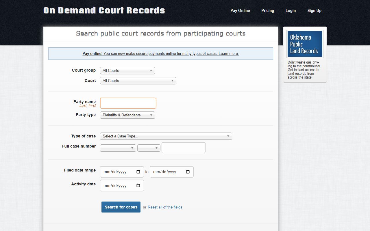 ODCR Payne County court records search fields after jail arrest