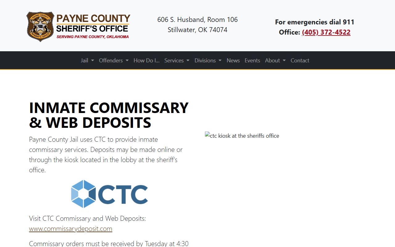 Payne County inmate commissary deposit and order information