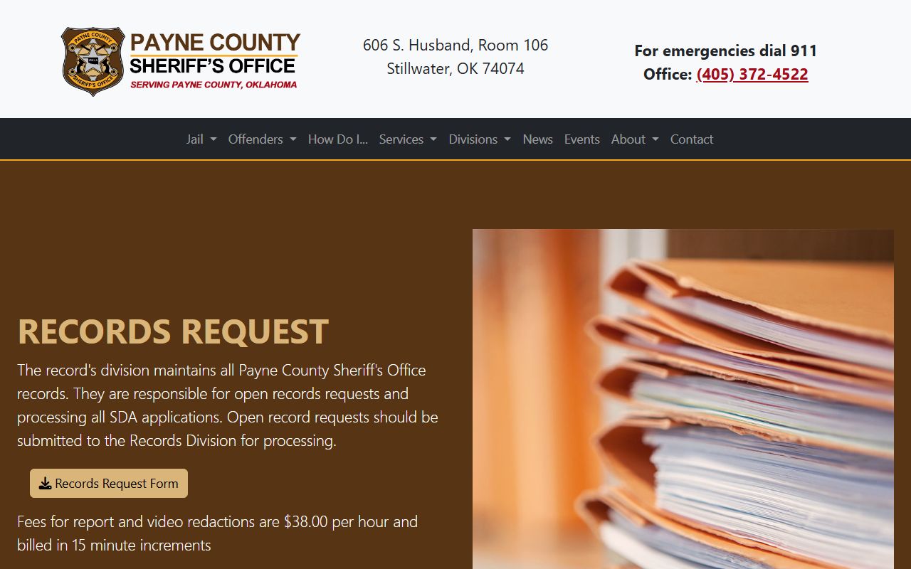 Payne County records request form for booking photo requests