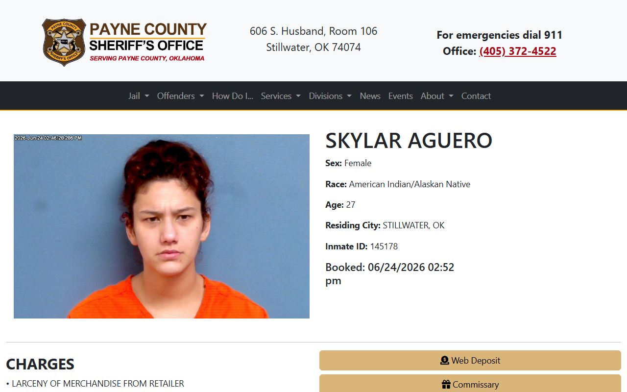 Payne County inmate profile with booking photo and charge fields