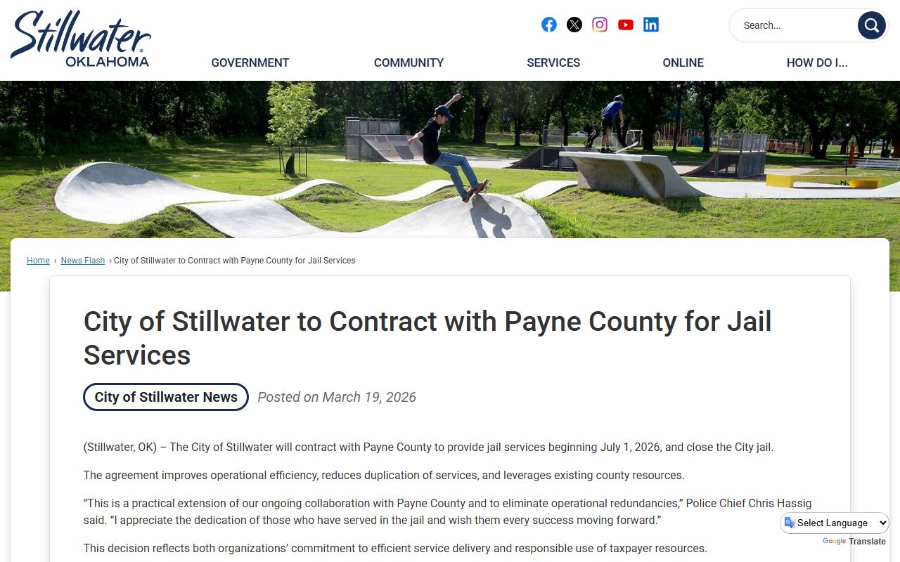 Stillwater City Jail transition notice for Payne County jail services